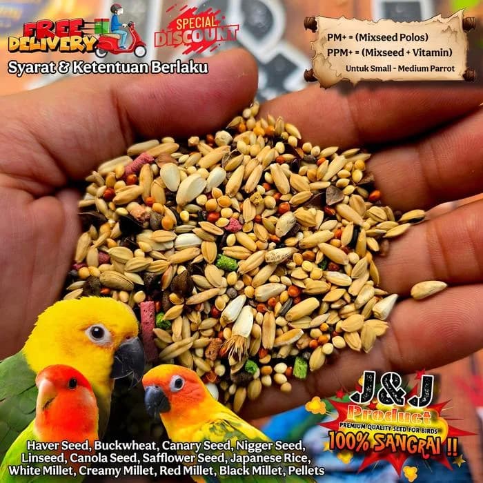 Pakan burung PARROT MIX PLUS 1kg JJ Premium seed lovebird buckwheat
