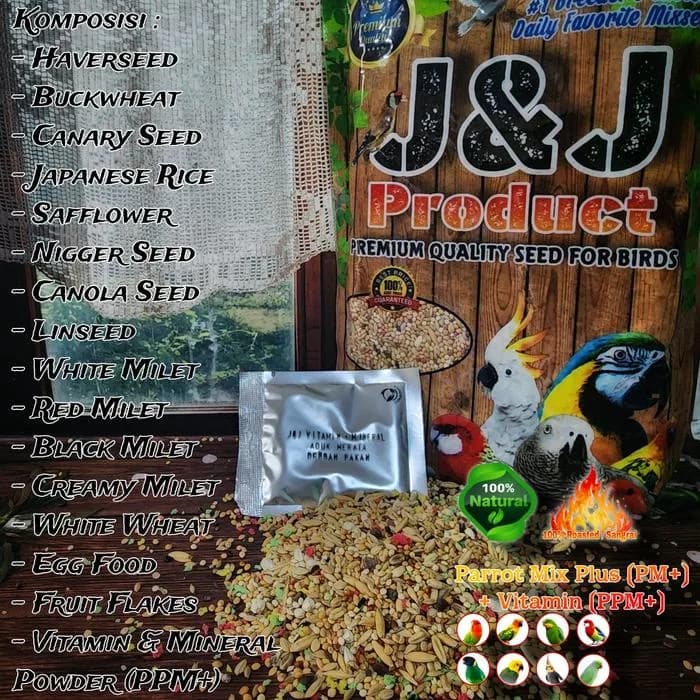 J&J Product Pakan burung Lovebird Parrot Mix Plus Makanan burung harian dan ternak