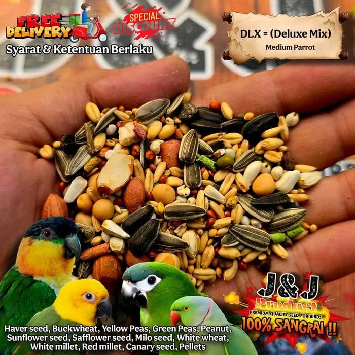 Pakan burung Medium & Big Parrot DELUXE MIX 1kg JJ Premium Africangrey